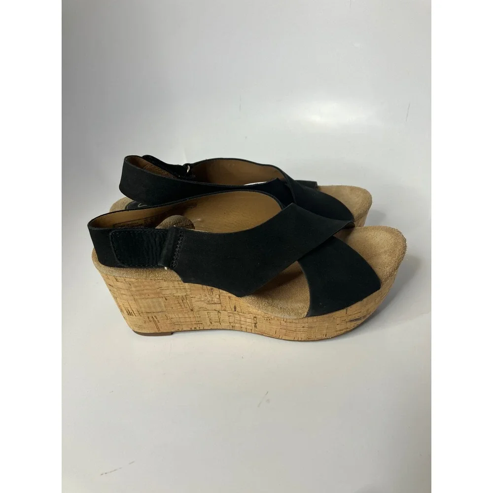 Clarks Artisan Wedge Sandals Womens 8 Black Good Cork Platform Slingback Nubuck